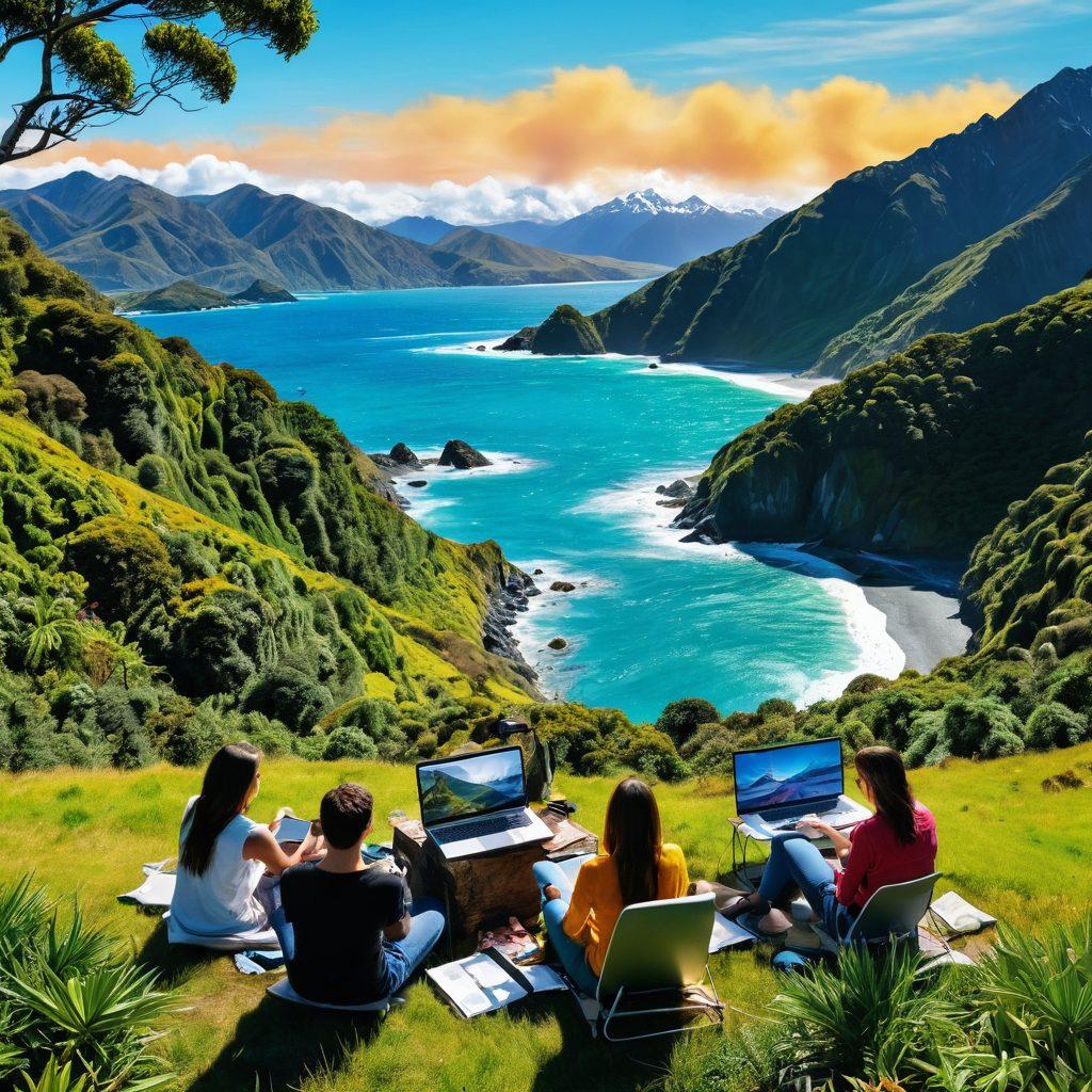 A vibrant scene depicting a diverse group of bloggers in a lush New Zealand landscape, each engaged in creating content through different mediums, such as laptops, cameras, and smartphones. Include elements of nature like mountains and the ocean in the background, symbolizing the beauty of the location. Show creativity flowing with colorful bursts, like paint splashes around them. Emphasize a sense of community and collaboration. vivid colors. super-realistic. 3D.