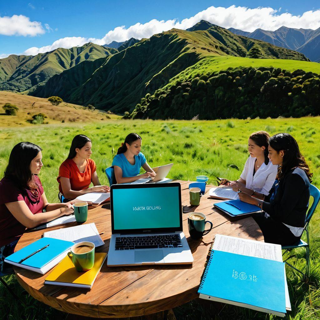 A serene landscape of New Zealand's rolling green hills under a bright blue sky, with a diverse group of bloggers sitting in a circle, passionately discussing ideas. In the foreground, an open laptop displays a vibrant blog post titled 'Unlocking Your Voice', surrounded by colorful notebooks and coffee cups. Incorporate elements that reflect Maori culture subtly in the background, such as traditional patterns or carvings. super-realistic. vibrant colors.