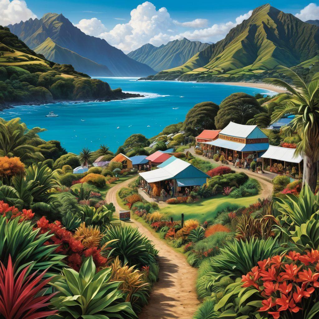 A scenic view of Aotearoa's lush landscapes with diverse communities engaging in a vibrant market, showcasing cultural elements and local voices. Incorporate Māori motifs and symbols to represent the unique voice of the region, surrounded by a lively atmosphere of collaboration and connection. Highlight the essence of navigation with subtle paths winding through the scene. vibrant colors. super-realistic.